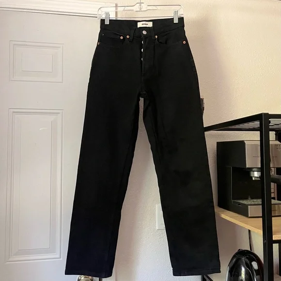 BUCK MASON black cotton denim high rise slim straight leg cropped jeans - Picture 1 of 5